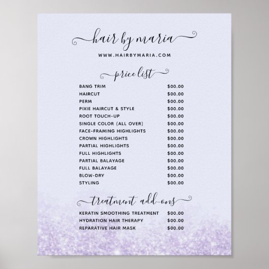 Paarse Glitter Kapsalon Prijslijst Poster (Voorkant)