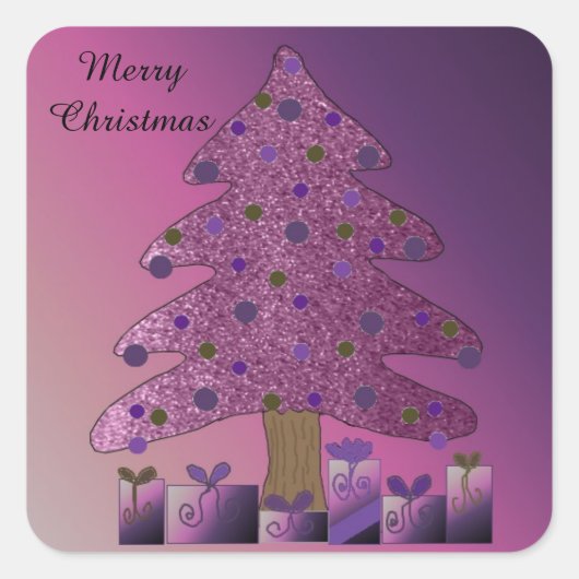 Paarse Glitter Kerstboom Vierkante Sticker (Voorkant)