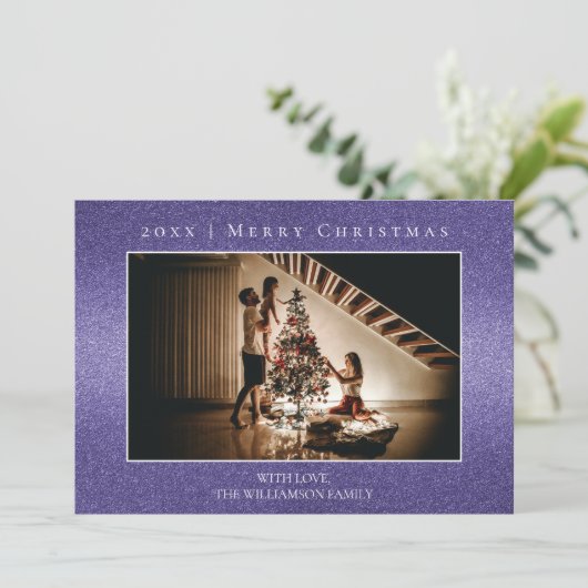 Paarse Glitter Kerstmis Fotokaart Feestdagenkaart (Staand voorkant)
