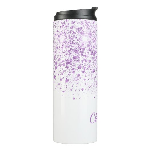 Paarse glitter laat een monogram wit script vallen thermosbeker (Gedraaid links)