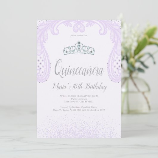 Paarse Glitter & Lace, Quinceañera-uitnodigingen Kaart (Staand voorkant)