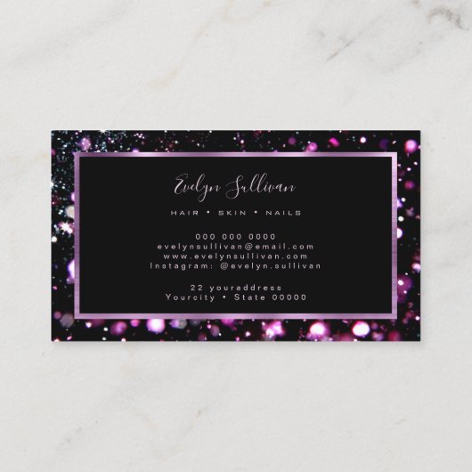 Paarse glitter licht visitekaartje (Achterkant)