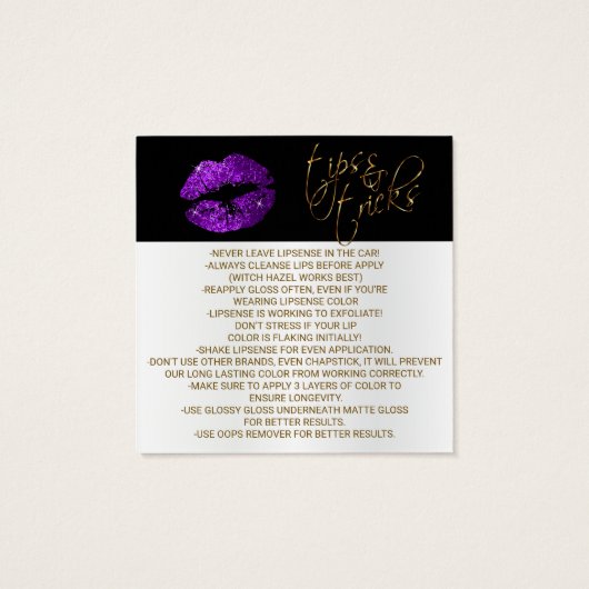 Paarse Glitter LipSense Aanbrenginstructies Vierkante Visitekaartjes (Achterkant)