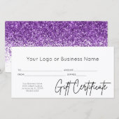 Paarse Glitter Logo Business Cadeaubon (Voorkant / Achterkant)