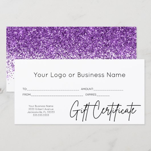 Paarse Glitter Logo Business Cadeaubon (Voorkant / Achterkant)