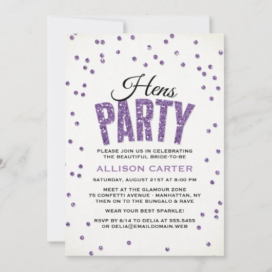 Paarse Glitter look Confetti Hens Party Kaart (Voorkant)