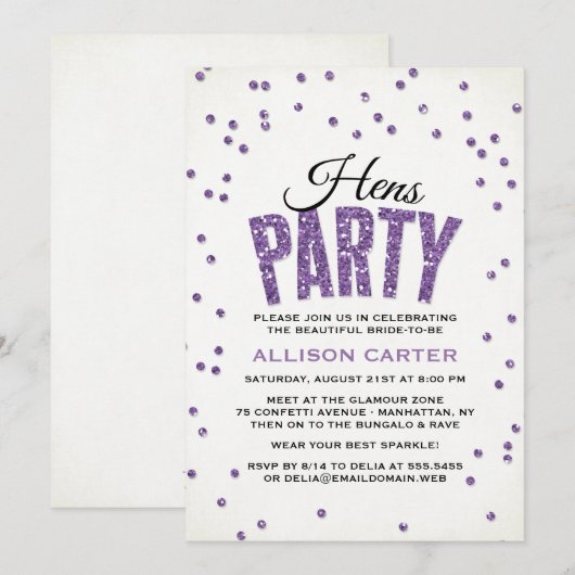 Paarse Glitter look Confetti Hens Party Kaart (Voorkant / Achterkant)