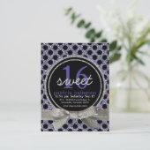 Paarse Glitter look Polka Dot Sweet 16 Party Kaart (Staand voorkant)