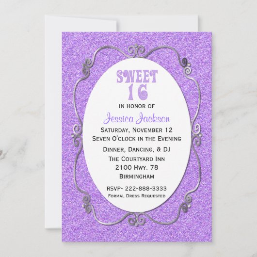 Paarse Glitter look Sweet 16 Birthday Invitation Kaart (Voorkant)
