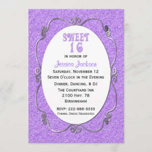 Paarse Glitter look Sweet 16 Birthday Invitation Kaart
