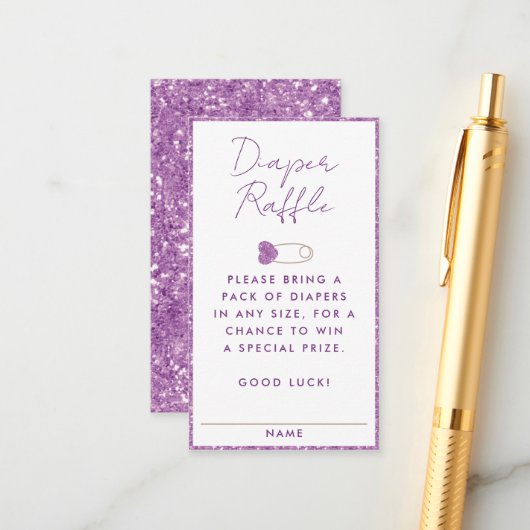 Paarse Glitter Luier Raffle Baby shower behuizing Informatiekaartje (Voorkant / Achterkant in situ)