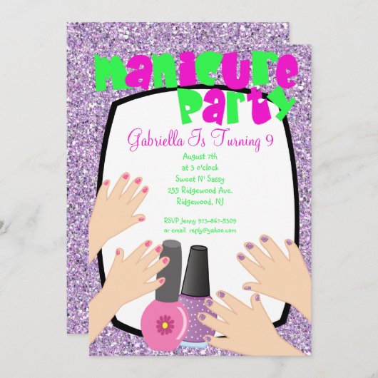 Paarse Glitter Manicure Spa Birthday Party Kaart (Voorkant / Achterkant)