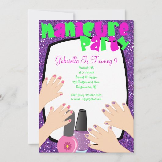 Paarse Glitter Manicure Spa Birthday Party Kaart (Voorkant)