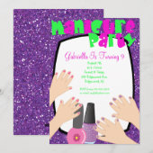 Paarse Glitter Manicure Spa Birthday Party Kaart (Voorkant / Achterkant)