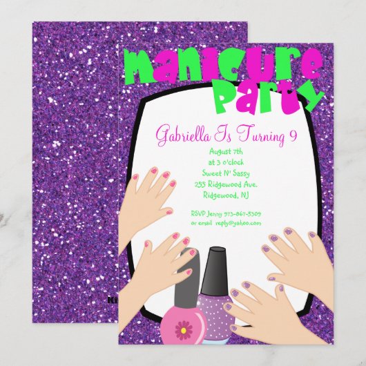 Paarse Glitter Manicure Spa Birthday Party Kaart (Voorkant / Achterkant)