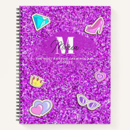 Paarse Glitter Meisjesachtige Monogram Naam Schets Notitieboek
