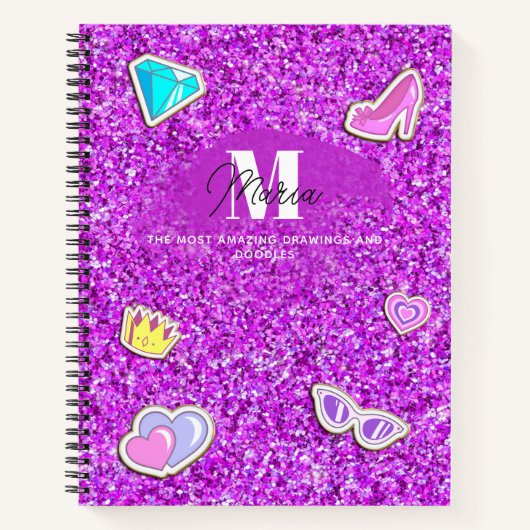 Paarse Glitter Meisjesachtige Monogram Naam Schets Notitieboek (Voorkant)