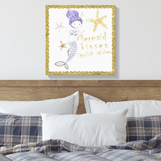 Paarse Glitter Mermaid Wishes Starfish Kisses Canvas Afdruk (Insitu (Slaapkamer))