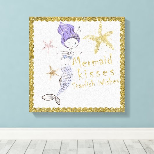 Paarse Glitter Mermaid Wishes Starfish Kisses Canvas Afdruk (Insitu (Houten vloer))