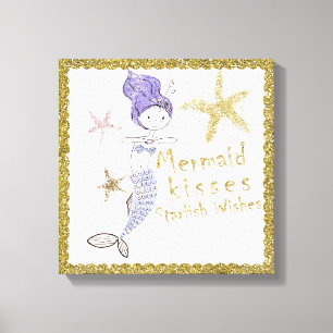 Paarse Glitter Mermaid Wishes Starfish Kisses Canvas Afdruk