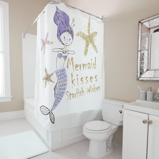 Paarse Glitter Mermaid Wishes Starfish Kisses Douchegordijn (In situ)