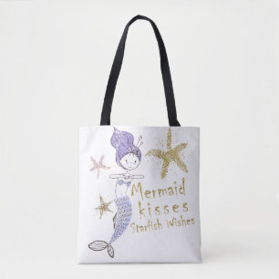 Paarse Glitter Mermaid Wishes Starfish Kisses Tote Bag