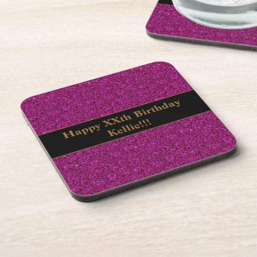 Paarse glitter met bericht 'Birthday' Bier Onderzetter (Linkerzijde)