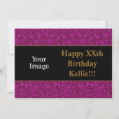 Paarse glitter met berichtfoto van Birthday Party Kaart (Voorkant)