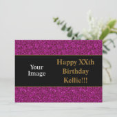 Paarse glitter met berichtfoto van Birthday Party Kaart (Staand voorkant)