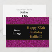 Paarse glitter met berichtfoto van Birthday Party Kaart (Voorkant / Achterkant)