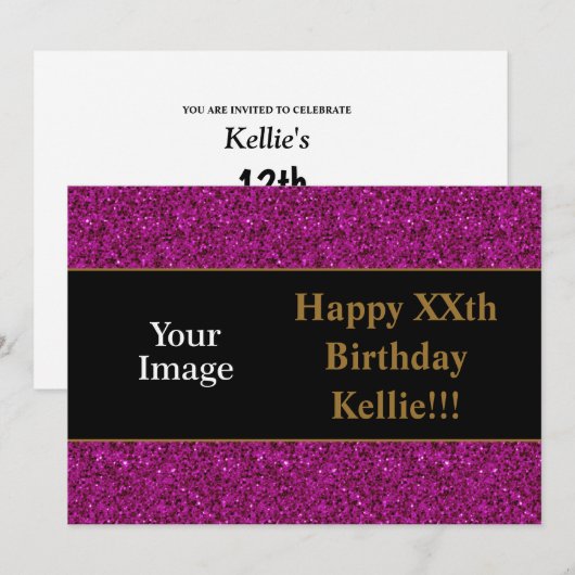 Paarse glitter met berichtfoto van Birthday Party Kaart (Voorkant / Achterkant)