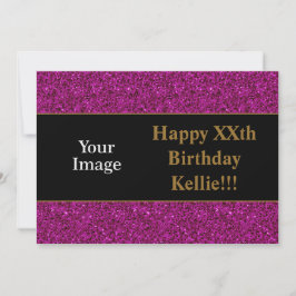Paarse glitter met berichtfoto van Birthday Party Kaart