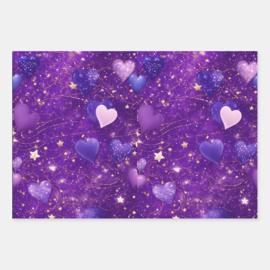 paarse glitter met harten en sterren inpakpapier vel (Voorkant 3)