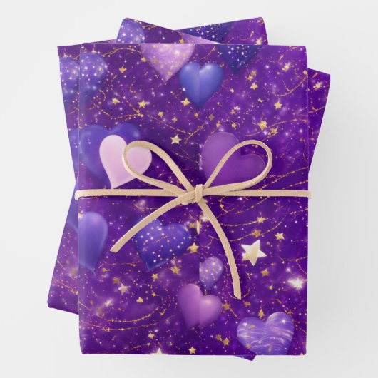 paarse glitter met harten en sterren inpakpapier vel (In situ)