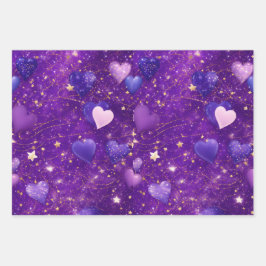paarse glitter met harten en sterren inpakpapier vel