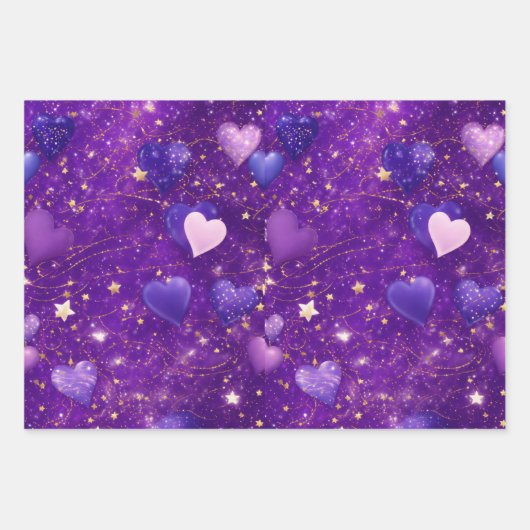paarse glitter met harten en sterren inpakpapier vel (Voorkant)