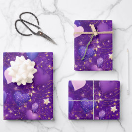paarse glitter met harten en sterren inpakpapier vel