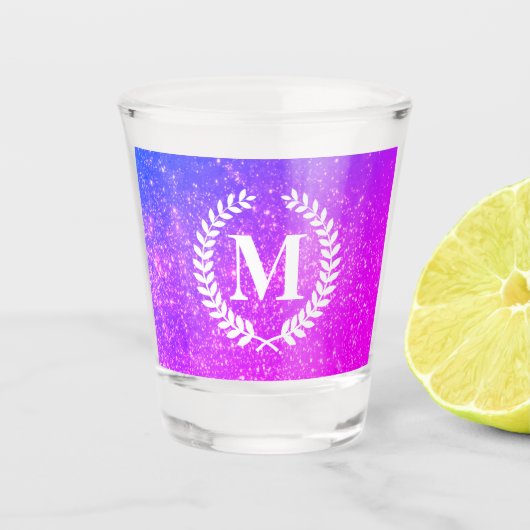 Paarse glitter met monogram shot glas (Voorkant)