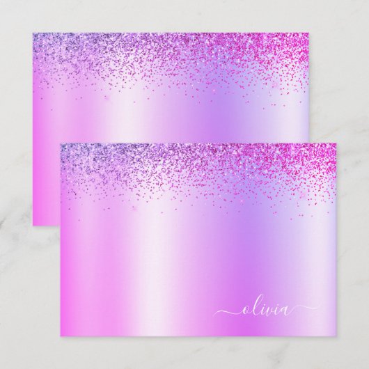 Paarse Glitter Metaal Monogram Glam Naam Bedankkaart (Voorkant / Achterkant)