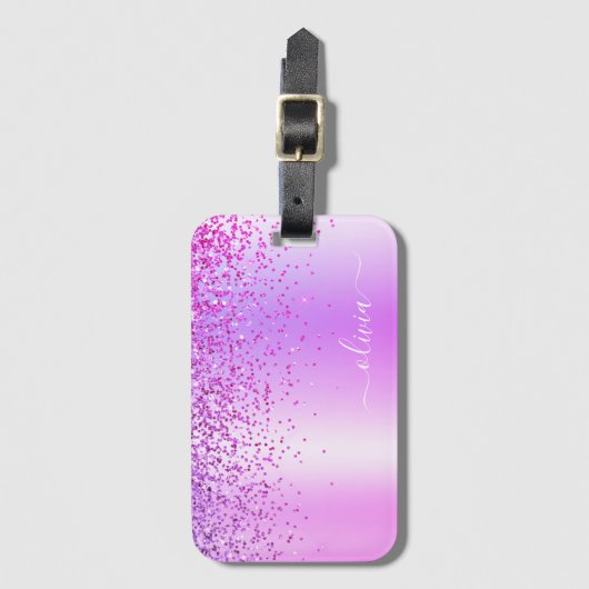 Paarse Glitter Metaal Monogram Naam Bagagelabel (Voorkant (verticaal))