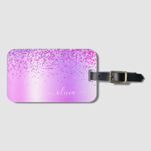 Paarse Glitter Metaal Monogram Naam Bagagelabel