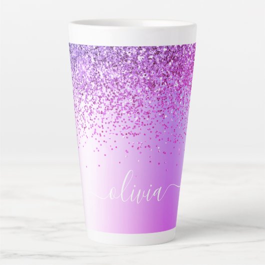 Paarse Glitter Metaal Monogram Naam Latte Mok (Voorkant)
