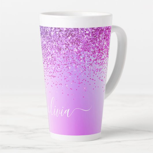 Paarse Glitter Metal Monogram Naam Latte Mok (Rechterhoek)