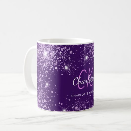 Paarse glitter monogram initialen naam script koffiemok (Voorkant links)