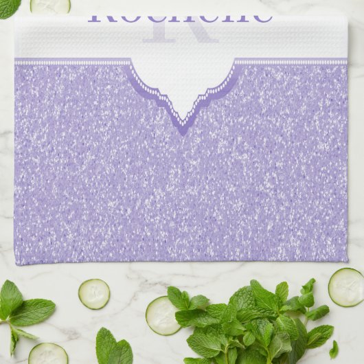 Paarse Glitter Monogram Kitchen Towel Theedoek (Gevouwen)