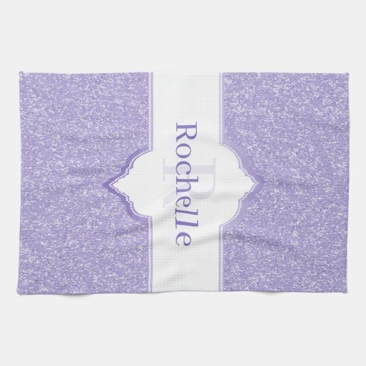 Paarse Glitter Monogram Kitchen Towel Theedoek (Horizontaal)