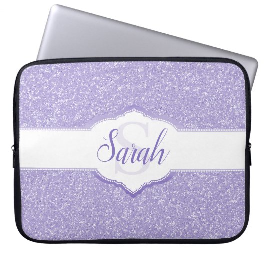 Paarse Glitter Monogram laptophoes Laptop Sleeve (Voorkant)