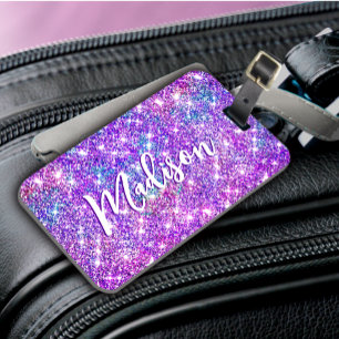 Paarse glitter-monogram met wielgeelhoorn bagagelabel