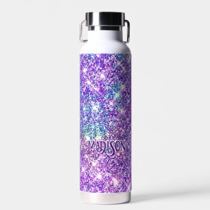 Paarse glitter-monogram met wielgeelhoorn waterfles