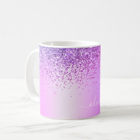 Paarse Glitter Monogram Naam Luxe Meisjesachtig Koffiemok (Voorkant links)